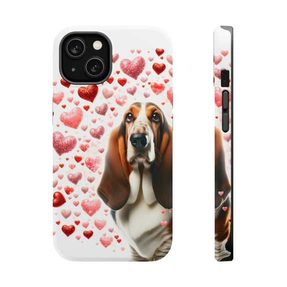 DistinctInk MagSafe Tough Case for Apple iPhone 13 Mini (5.4" Screen) - Valentine's Day Basset Hound - Tempered Glass Back