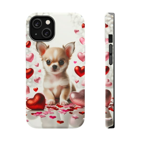 DistinctInk MagSafe Tough Case for Apple iPhone 13 Mini (5.4" Screen) - Valentine's Day Chihuahua Puppy - Raised Bezel Screen Guard
