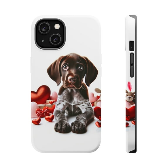 DistinctInk Tough Case for Apple iPhone 13 MINI (5.4" Screen), Compatible with MagSafe Charging - Valentine's Day German Shorthaired Pointer Puppy