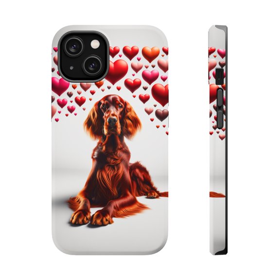 DistinctInk MagSafe Tough Case for Apple iPhone 13 Mini (5.4" Screen) - Valentine's Day Irish Setter - Tempered Glass Back