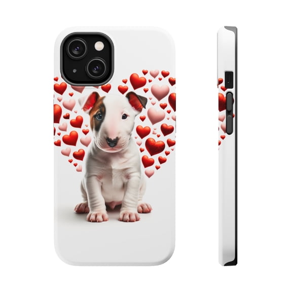 DistinctInk MagSafe Tough Case for Apple iPhone 13 Mini (5.4" Screen) - Valentine's Day Miniature Bull Terrier Puppy - Shockproof Protection