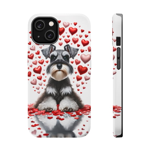 DistinctInk MagSafe Tough Case for Apple iPhone 13 Mini (5.4" Screen) - Valentine's Day Miniature Schnauzer - Tempered Glass Back