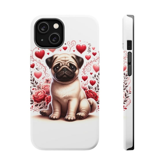 DistinctInk Tough Case for Apple iPhone 13 MINI (5.4" Screen), Compatible with MagSafe Charging - Valentine's Day Pug