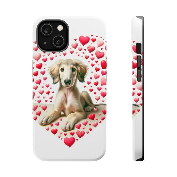 DistinctInk MagSafe Tough Case for Apple iPhone 13 Mini (5.4" Screen) - Valentine's Day Sloughi Puppy - Wireless Charging Compatible