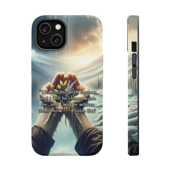 DistinctInk Tough Case for Apple iPhone 13 MINI (5.4" Screen), Compatible with MagSafe Charging - "Whiter Than Snow: Psalm 51:7 on Cleansing Power"