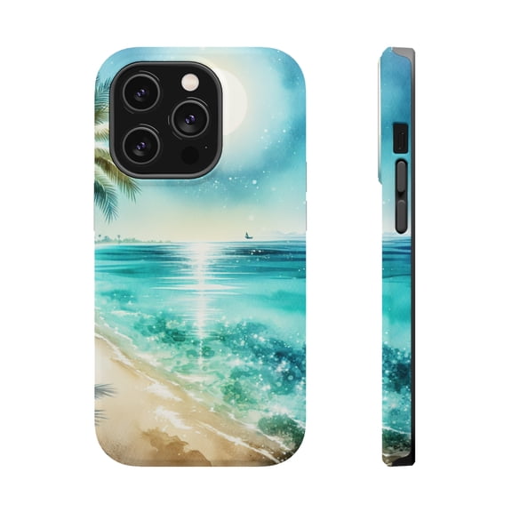 DistinctInk MagSafe Tough Case for Apple iPhone 13 Pro (6.1" Screen) - Serene Beach Bliss: A Watercolor Oasis - Slim Profile Design