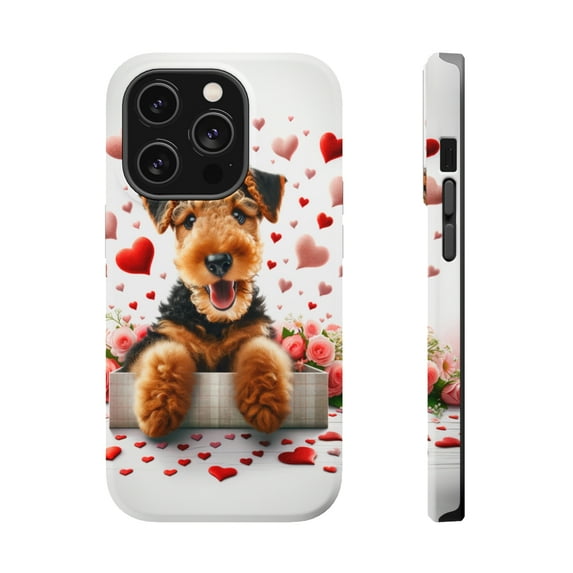DistinctInk Tough Case for Apple iPhone 13 PRO (6.1" Screen), Compatible with MagSafe Charging - Valentine's Day Airedale Terrier Puppy