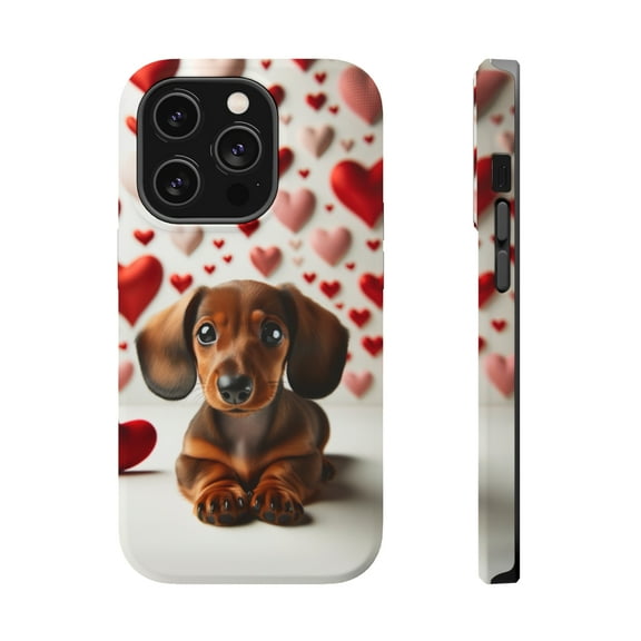 DistinctInk Tough Case for Apple iPhone 13 Pro MAX (6.7" Screen), Compatible with MagSafe Charging - Valentine's Day Dachshund Puppy
