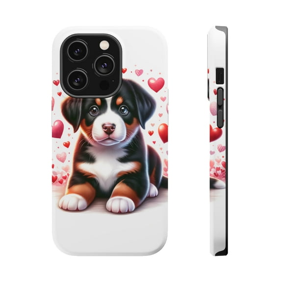 DistinctInk MagSafe Tough Case for Apple iPhone 13 Pro Max (6.7" Screen) - Valentine's Day Entlebucher Mountain Dog Puppy - Tempered Glass Back