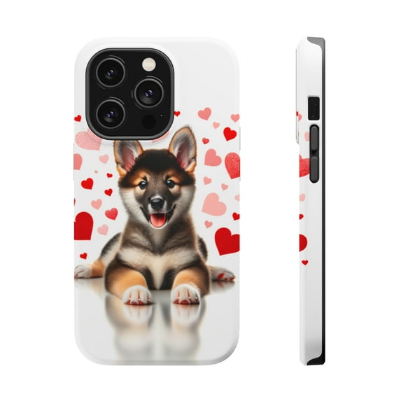 DistinctInk MagSafe Tough Case for Apple iPhone 13 Pro Max (6.7" Screen) - Valentine's Day Mudi Puppy - Raised Bezel Screen Guard