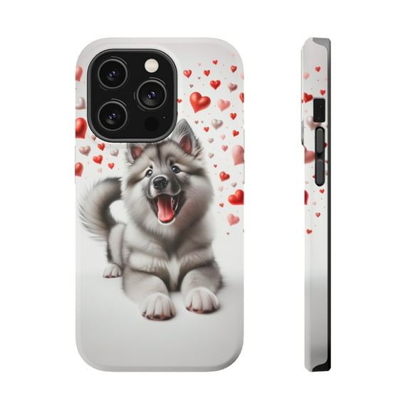 DistinctInk MagSafe Tough Case for Apple iPhone 13 Pro Max (6.7" Screen) - Valentine's Day Norwegian Elkhound Puppy - Tempered Glass Back