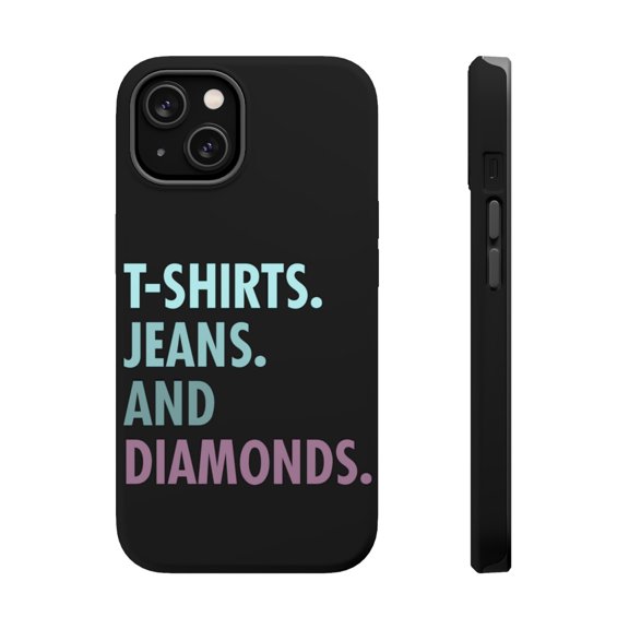 DistinctInk Tough Case for Apple iPhone 14 (6.1" Screen), Compatible with MagSafe Charging - T-Shirts Jeans and Diamonds