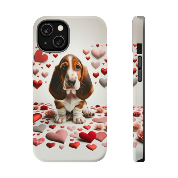DistinctInk MagSafe Tough Case for Apple iPhone 14 (6.1" Screen) - Valentine's Day Basset Hound Puppy - Wireless Charging Compatible