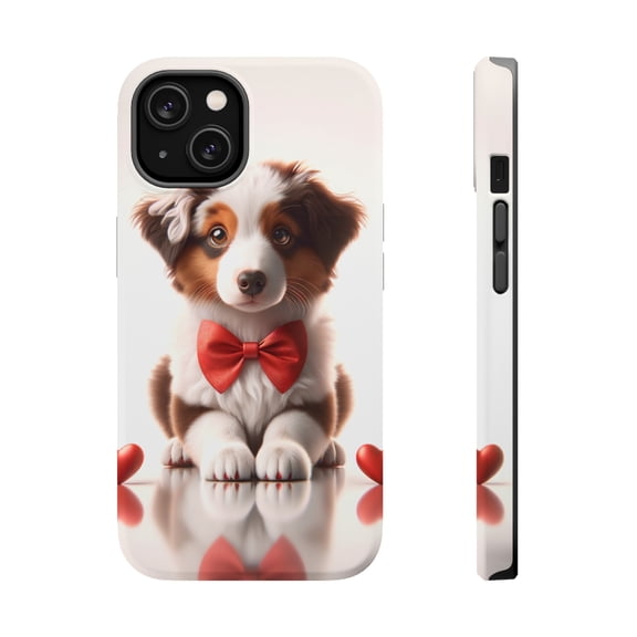 DistinctInk MagSafe Tough Case for Apple iPhone 14 (6.1" Screen) - Valentine's Day Miniature American Shepherd - Lightweight Grip