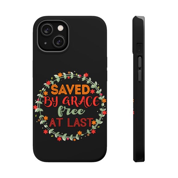 DistinctInk MagSafe Tough Case for Apple iPhone 14 Plus (6.7" Screen) - Saved By Grace Free At Last - Tempered Glass Back