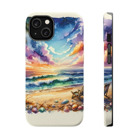 DistinctInk MagSafe Tough Case for Apple iPhone 14 Plus (6.7" Screen) - Tranquil Sunset Beach with Palm Tree - Slim Profile Design