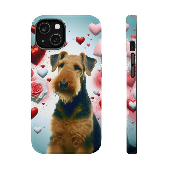 DistinctInk Tough Case for Apple iPhone 14 PLUS (6.7" Screen), Compatible with MagSafe Charging - Valentine's Day Airedale Terrier