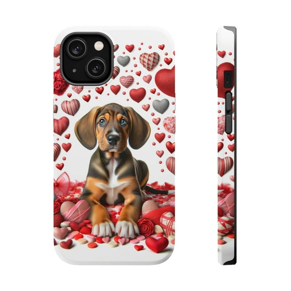 DistinctInk Tough Case for Apple iPhone 14 PLUS (6.7" Screen), Compatible with MagSafe Charging - Valentine's Day Plott Hound Puppy