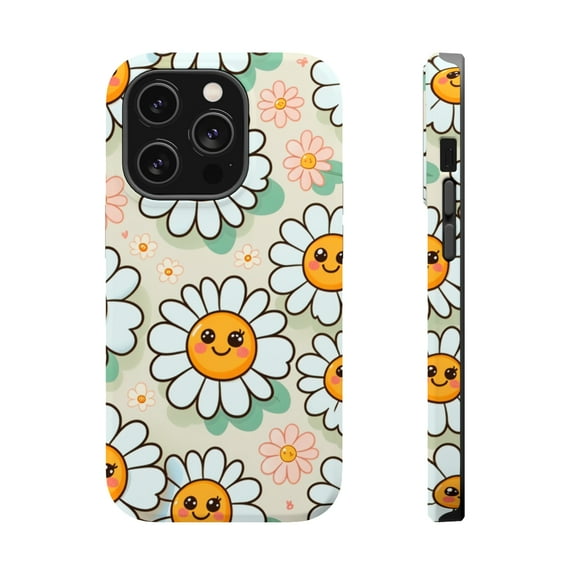 DistinctInk MagSafe Tough Case for Apple iPhone 14 Pro (6.1" Screen) - Joyful Daisies: A Lively Cartoon Pattern - Raised Bezel Screen Guard