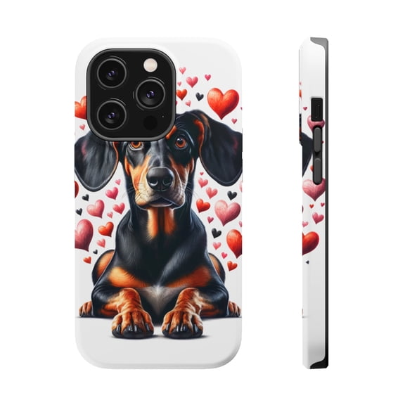 DistinctInk Tough Case for Apple iPhone 14 PRO (6.1" Screen), Compatible with MagSafe Charging - Valentine's Day Black and Tan Coonhound