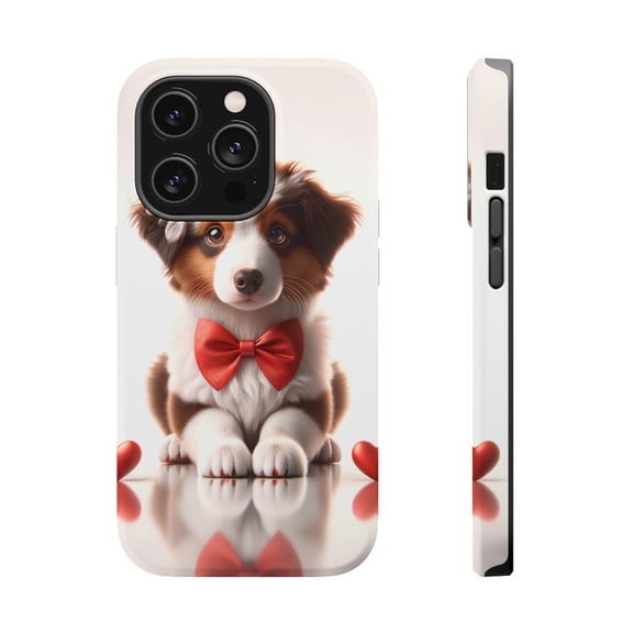 DistinctInk MagSafe Tough Case for Apple iPhone 14 Pro (6.1" Screen) - Valentine's Day Miniature American Shepherd - Tempered Glass Back