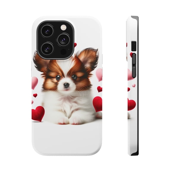 DistinctInk MagSafe Tough Case for Apple iPhone 14 Pro (6.1" Screen) - Valentine's Day Papillon Puppy - Tempered Glass Back