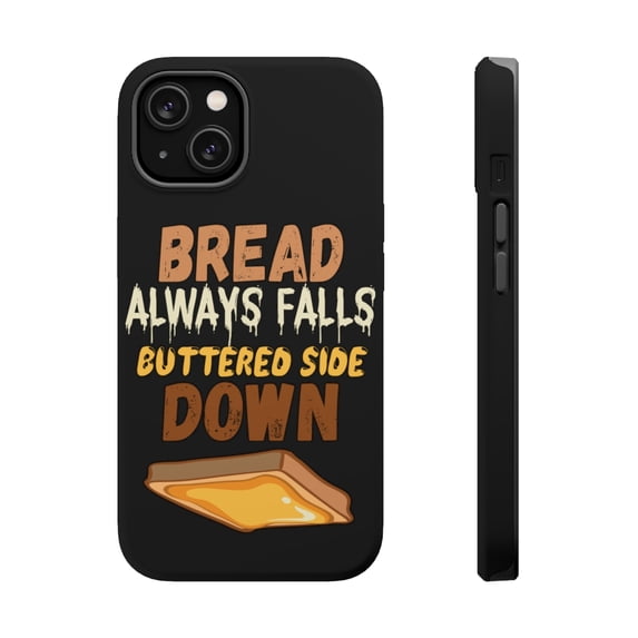 DistinctInk MagSafe Tough Case for Apple iPhone 15 (6.1" Screen) - Bread Falls Buttered Side Down - Tempered Glass Back