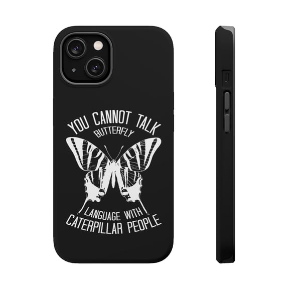DistinctInk MagSafe Tough Case for Apple iPhone 15 (6.1" Screen) - Can't Talk Butterfly with Caterpillar People - Tempered Glass Back