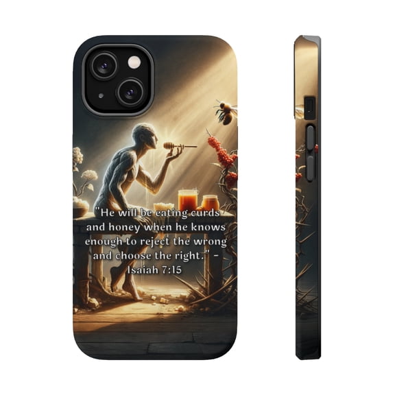 DistinctInk MagSafe Tough Case for Apple iPhone 15 (6.1" Screen) - He Will Eat Curds and Honey: Isaiah 7:15 Explained - Tempered Glass Back