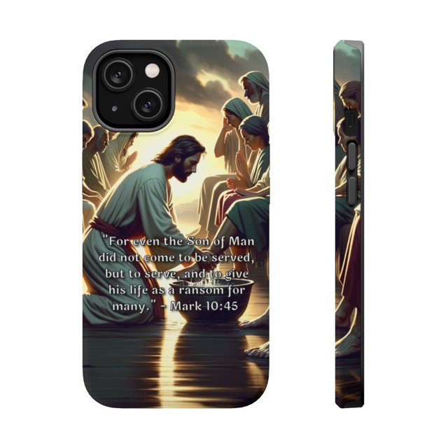 DistinctInk Tough Case for Apple iPhone 15 (6.1" Screen), Compatible with MagSafe Charging - Mark 10:45 - The Son of Man's Sacrificial Service