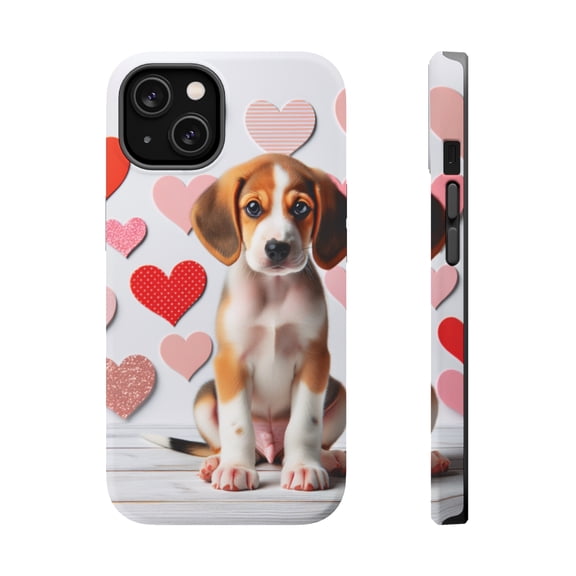 DistinctInk MagSafe Tough Case for Apple iPhone 15 (6.1" Screen) - Valentine's Day American Foxhound Puppy - Shockproof Protection