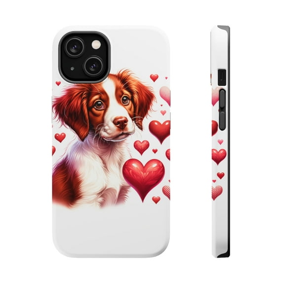 DistinctInk MagSafe Tough Case for Apple iPhone 15 (6.1" Screen) - Valentine's Day Brittany Puppy - Wireless Charging Compatible