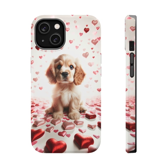 DistinctInk MagSafe Tough Case for Apple iPhone 15 (6.1" Screen) - Valentine's Day Cocker Spaniel Puppy - Tempered Glass Back