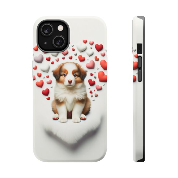 DistinctInk Tough Case for Apple iPhone 15 (6.1" Screen), Compatible with MagSafe Charging - Valentine's Day Miniature American Shepherd Puppy