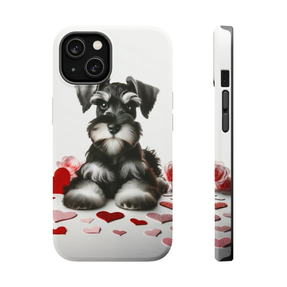 DistinctInk Tough Case for Apple iPhone 15 (6.1" Screen), Compatible with MagSafe Charging - Valentine's Day Miniature Schnauzer Puppy