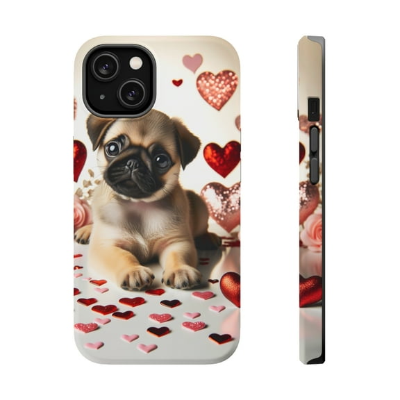 DistinctInk Tough Case for Apple iPhone 15 (6.1" Screen), Compatible with MagSafe Charging - Valentine's Day Pug Puppy
