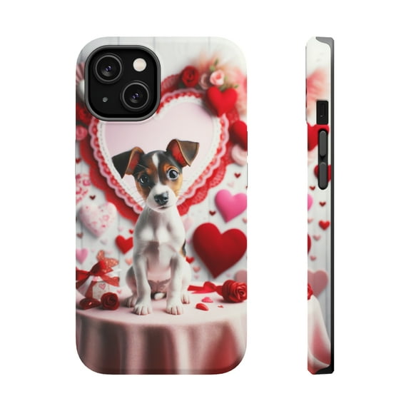 DistinctInk Tough Case for Apple iPhone 15 (6.1" Screen), Compatible with MagSafe Charging - Valentine's Day Rat Terrier Puppy