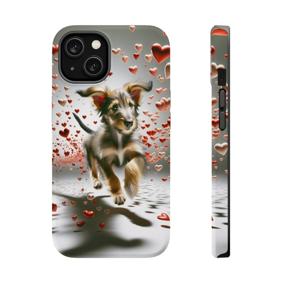 DistinctInk Tough Case for Apple iPhone 15 (6.1" Screen), Compatible with MagSafe Charging - Valentine's Day Scottish Deerhound Puppy