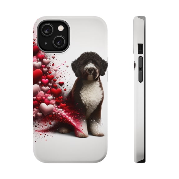 DistinctInk MagSafe Tough Case for Apple iPhone 15 (6.1" Screen) - Valentine's Day Spanish Water Dog - Tempered Glass Back