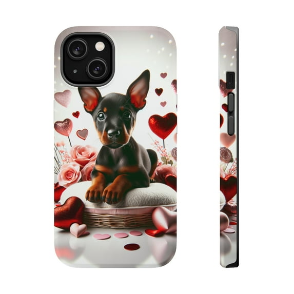 DistinctInk Tough Case for Apple iPhone 15 PLUS (6.7" Screen), Compatible with MagSafe Charging - Valentine's Day German Pinscher Puppy