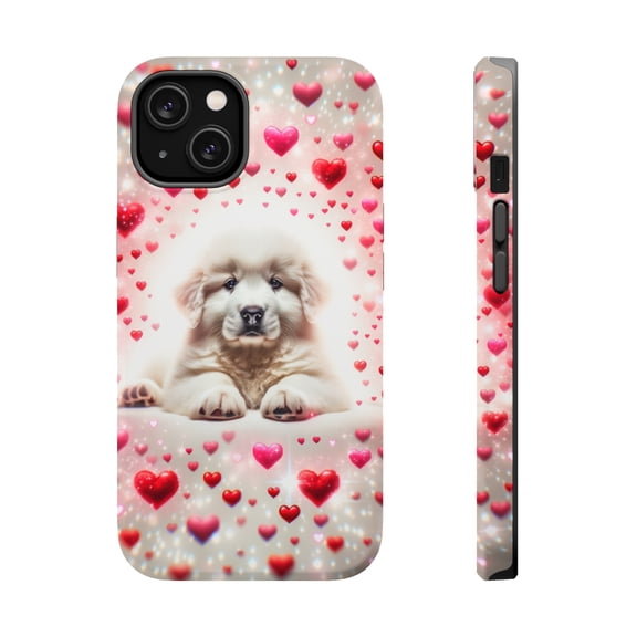DistinctInk MagSafe Tough Case for Apple iPhone 15 Plus (6.7" Screen) - Valentine's Day Great Pyrenee Puppy - Tempered Glass Back