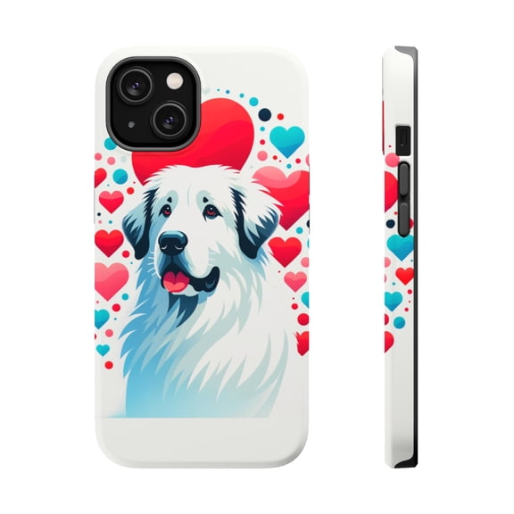 DistinctInk MagSafe Tough Case for Apple iPhone 15 Plus (6.7" Screen) - Valentine's Day Great Pyrenee - Tempered Glass Back