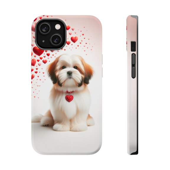 DistinctInk MagSafe Tough Case for Apple iPhone 15 Plus (6.7" Screen) - Valentine's Day Lhasa Apso - Raised Bezel Screen Guard