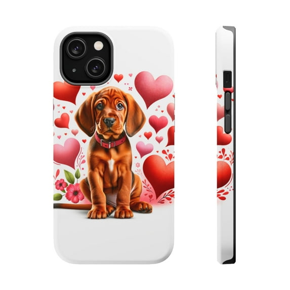 DistinctInk MagSafe Tough Case for Apple iPhone 15 Plus (6.7" Screen) - Valentine's Day Redbone Coonhound Puppy - Raised Bezel Screen Guard