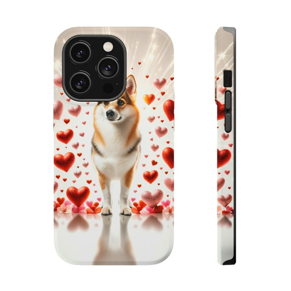 DistinctInk MagSafe Tough Case for Apple iPhone 15 Pro (6.1" Screen) - Valentine's Day Norwegian Lundehund - Raised Bezel Screen Guard