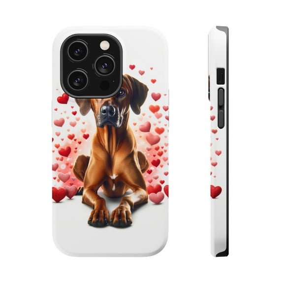 DistinctInk MagSafe Tough Case for Apple iPhone 15 Pro (6.1" Screen) - Valentine's Day Rhodesian Ridgeback - Tempered Glass Back