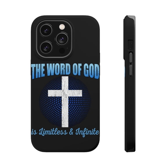 DistinctInk MagSafe Tough Case for Apple iPhone 15 Pro (6.1" Screen) - Word Of God Is Limitless And Infinite - Tempered Glass Back