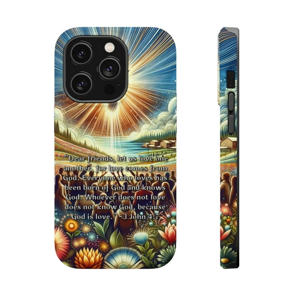 DistinctInk Tough Case for Apple iPhone 15 Pro MAX (6.7" Screen), Compatible with MagSafe Charging - "1 John 4:7 – Love: A Divine Connection"