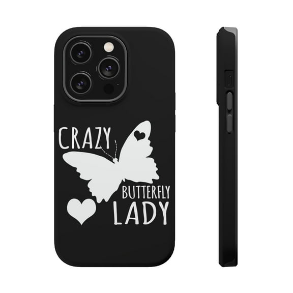 DistinctInk MagSafe Tough Case for Apple iPhone 15 Pro Max (6.7" Screen) - Crazy Butterfly Lady - Tempered Glass Back