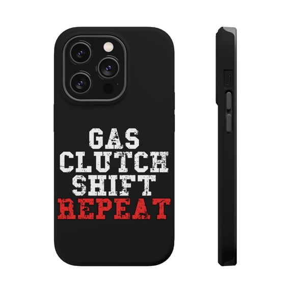DistinctInk MagSafe Tough Case for Apple iPhone 15 Pro Max (6.7" Screen) - Gas Clutch Shift Repeat - Tempered Glass Back